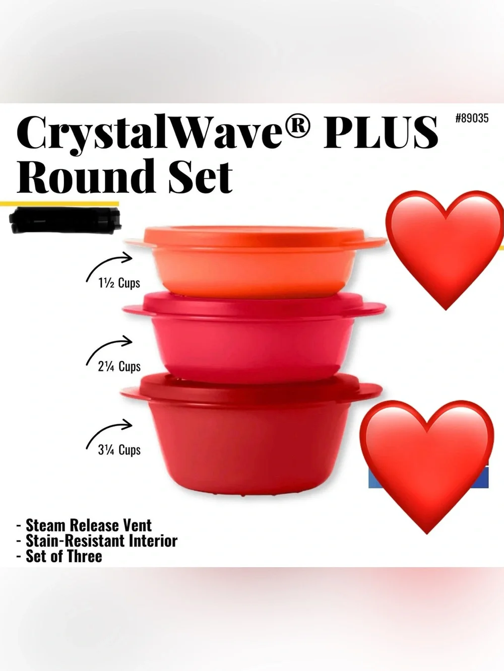 Tupperware Crystal Wave PLUS - set of 3 microwave bowls in red